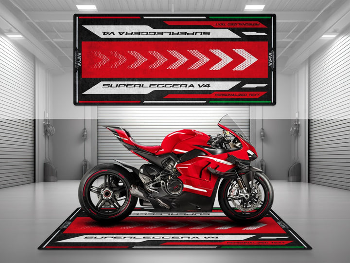 Personalized carpet for Ducati Superleggera V4. Ideal gift for riders seeking track prep efficiency and a statement accessory.