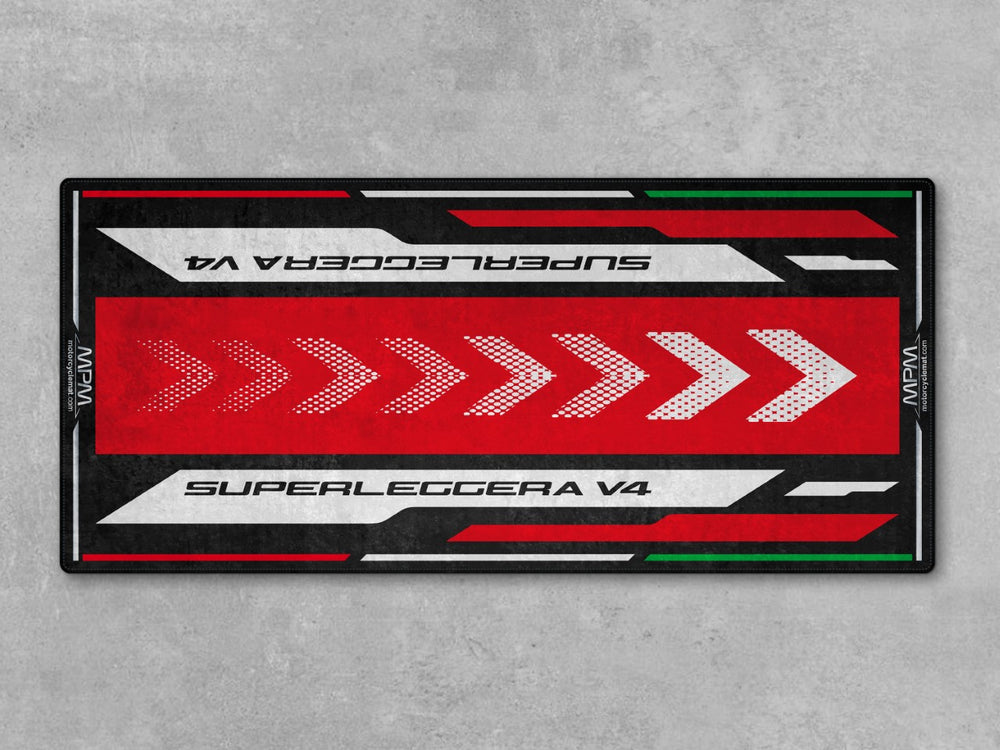 Bold parking mat and motorcycle rug for Superleggera V4. Perfect for bike zones and superbike garage displays that demand attention.