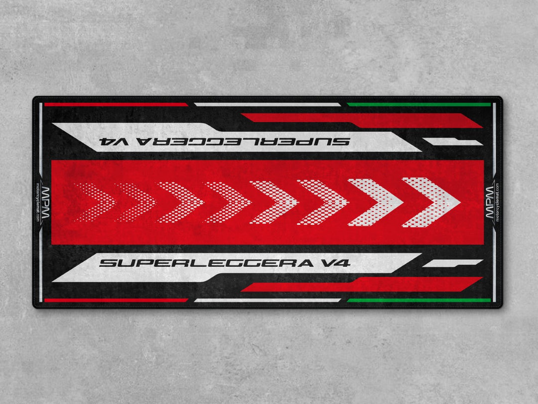 Bold parking mat and motorcycle rug for Superleggera V4. Perfect for bike zones and superbike garage displays that demand attention.