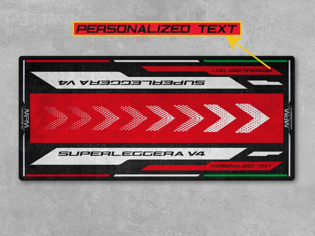 Custom pit rug design tailored to Superleggera V4. Showcase motorcycle gear and small parts like a pro in your rider essentials space.
