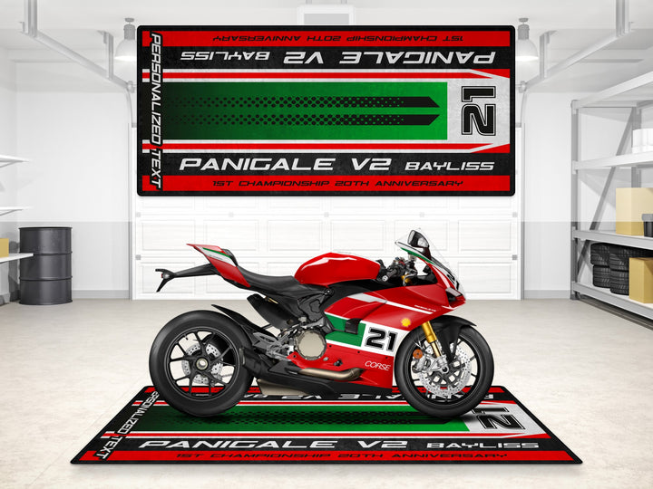 Personalized motorcycle rug for Panigale V2 Bayliss Edition. Custom pit rug built for dual sport garages, track prep, and special gift ideas.