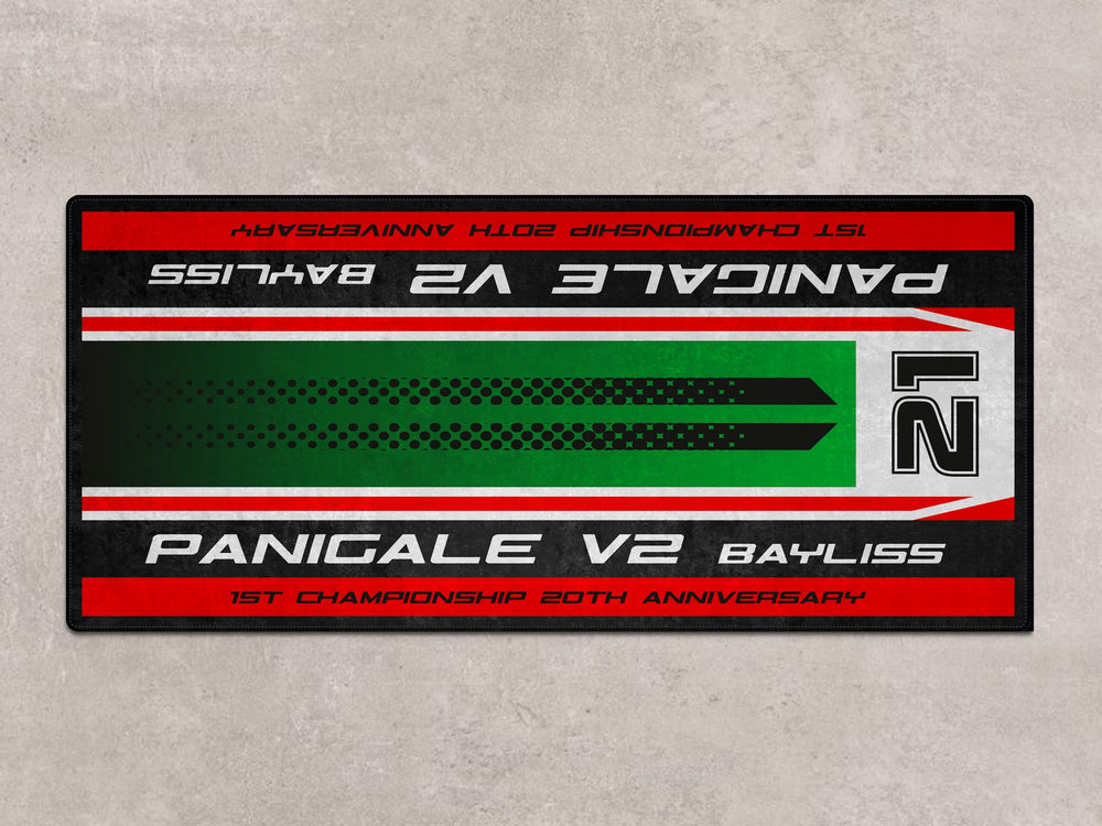 Motorcycle pit mat and carpet for Panigale V2 Bayliss. Ideal accessory for showroom setups, garage zones, and rider essentials.