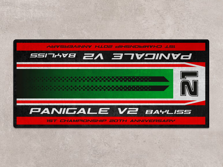 Motorcycle pit mat and carpet for Panigale V2 Bayliss. Ideal accessory for showroom setups, garage zones, and rider essentials.