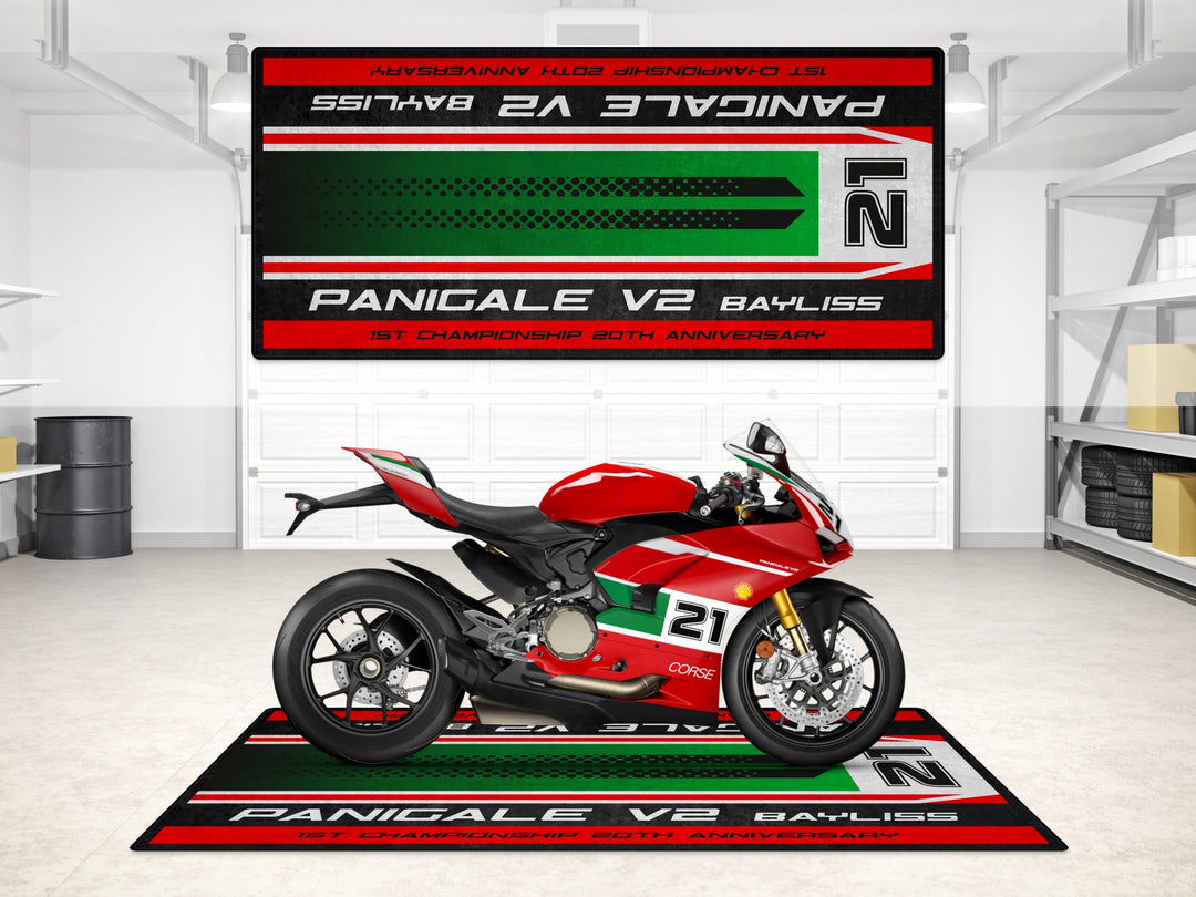 Ducati Panigale V2 Bayliss 20th Anniversary garage mat and parking mat. Eye-catching floor cover for racetrack-ready motorcycle display.