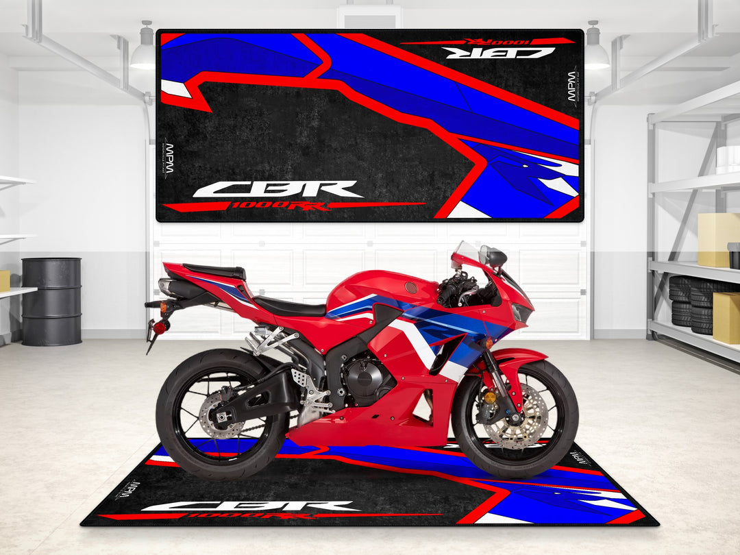 Garage mat for Honda CBR1000RR-R. Vibrant blue-red floor cover made from Thermoplastic Rubber for garage floor protection.