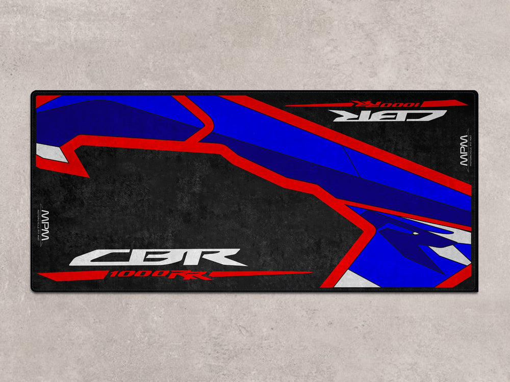 Parking mat designed for CBR1000RR-R. A bold pit mat perfect for showroom, track prep, and motorcycle gear area.