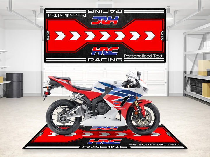 Custom pit rug for HRC lovers. Personalized motorcycle display mat ideal for showroom, bike zone, or track-side setup.