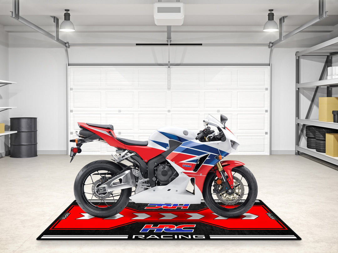 Race into style with this HRC Racing pit mat. A standout garage rug for parking mat use or motorcycle display excellence.