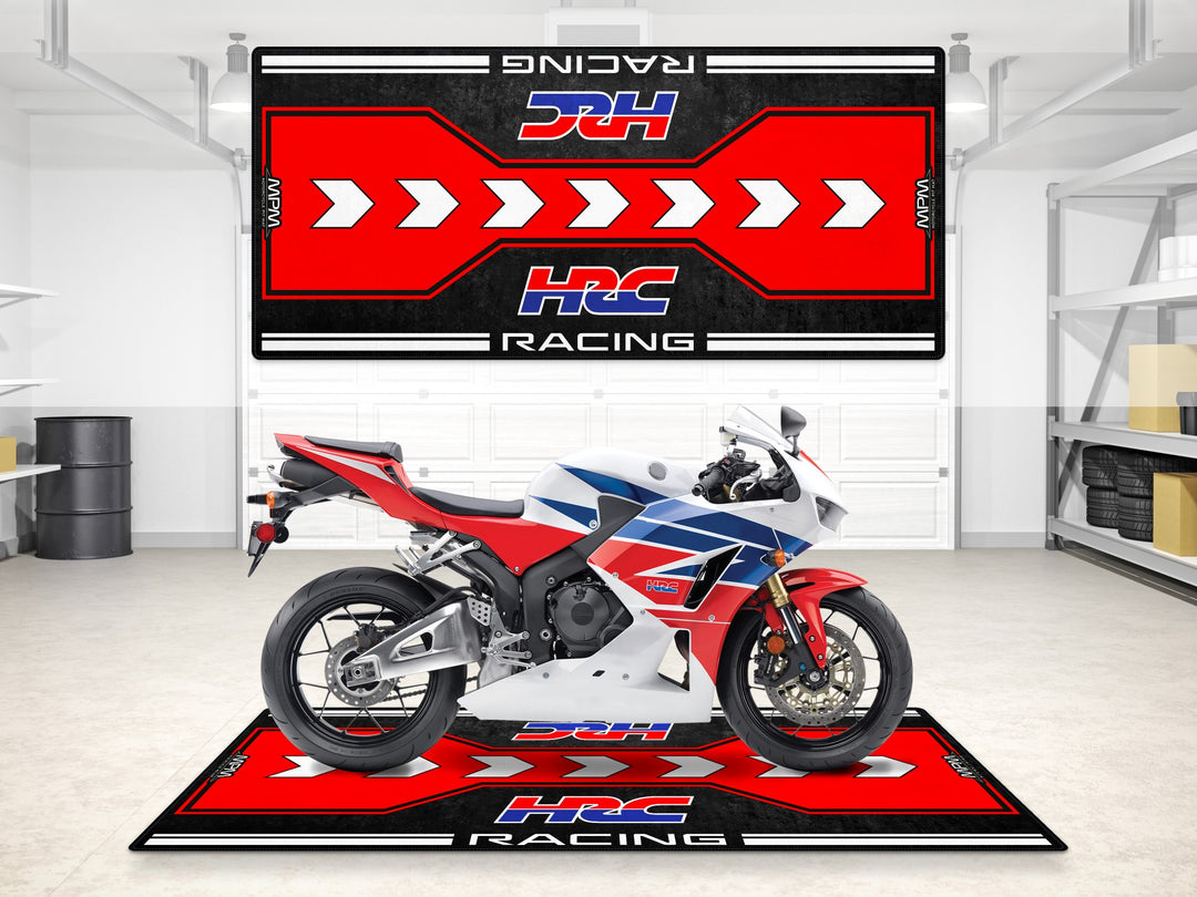 Garage mat for Honda HRC Racing fans. Bold red Thermoplastic Rubber pit mat designed for garage floor protection and track-ready display.