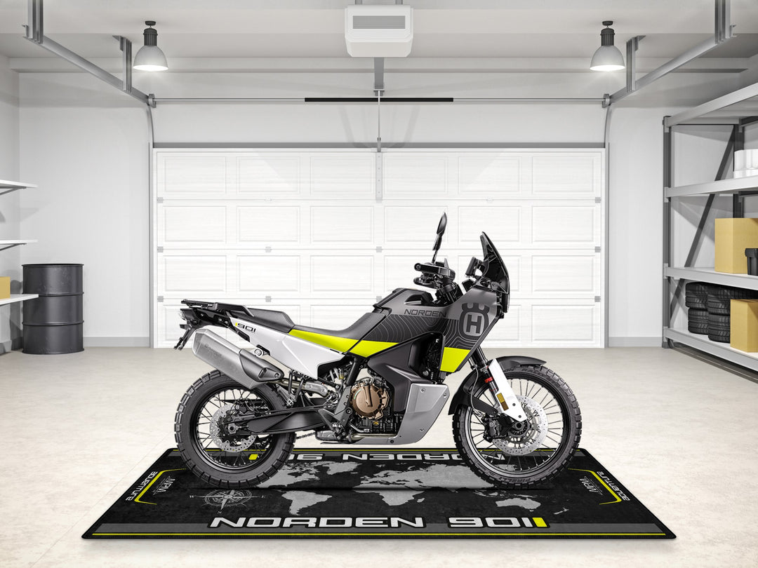 Husqvarna Norden 901 pit mat – world map garage carpet for motorcycle gear, showroom accessory, rider gift, and garage floor protection.