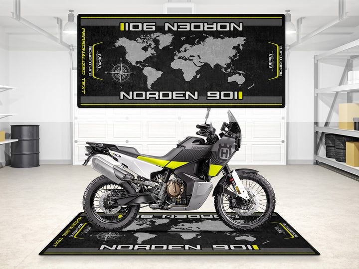Custom pit rug for Husqvarna Norden 901 – personalized garage mat for track prep, rider essentials, motorcycle gear, and racetrack setups.