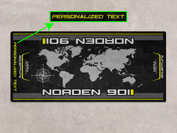 Adventure-inspired Norden 901 mat – personalized motorcycle display rug and floor cover, ideal garage gift and parts zone accessory.