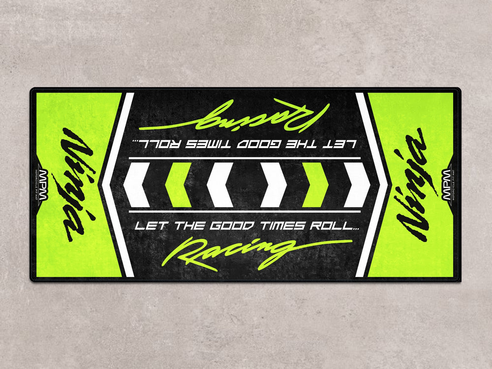 Ninja H2 SX racing garage carpet with vibrant graphics. Ideal motorcycle parking mat for showroom use.