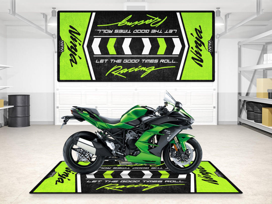 Kawasaki Ninja H2 SX garage mat for track prep and garage floor protection. Perfect fit for bike zone.