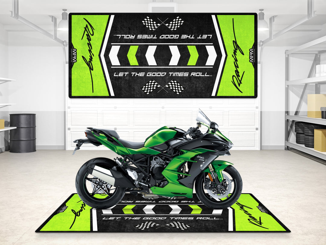 Kawasaki Ninja 600 on garage mat for superbike garage and pit mat setup, ideal for motorcycle display and showroom floors.