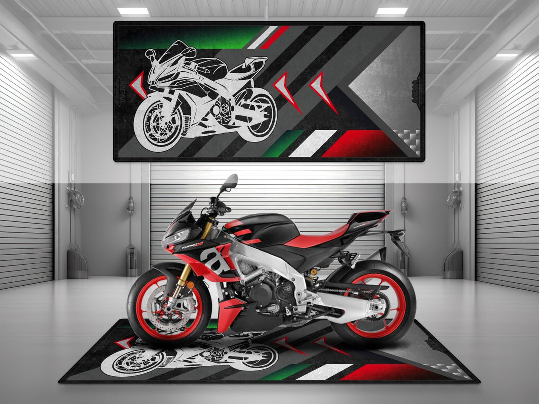 Garage and parking mat for Aprilia RSV4. Floor cover gift and motorcycle accessory designed for superbike riders who value performance and garage style.