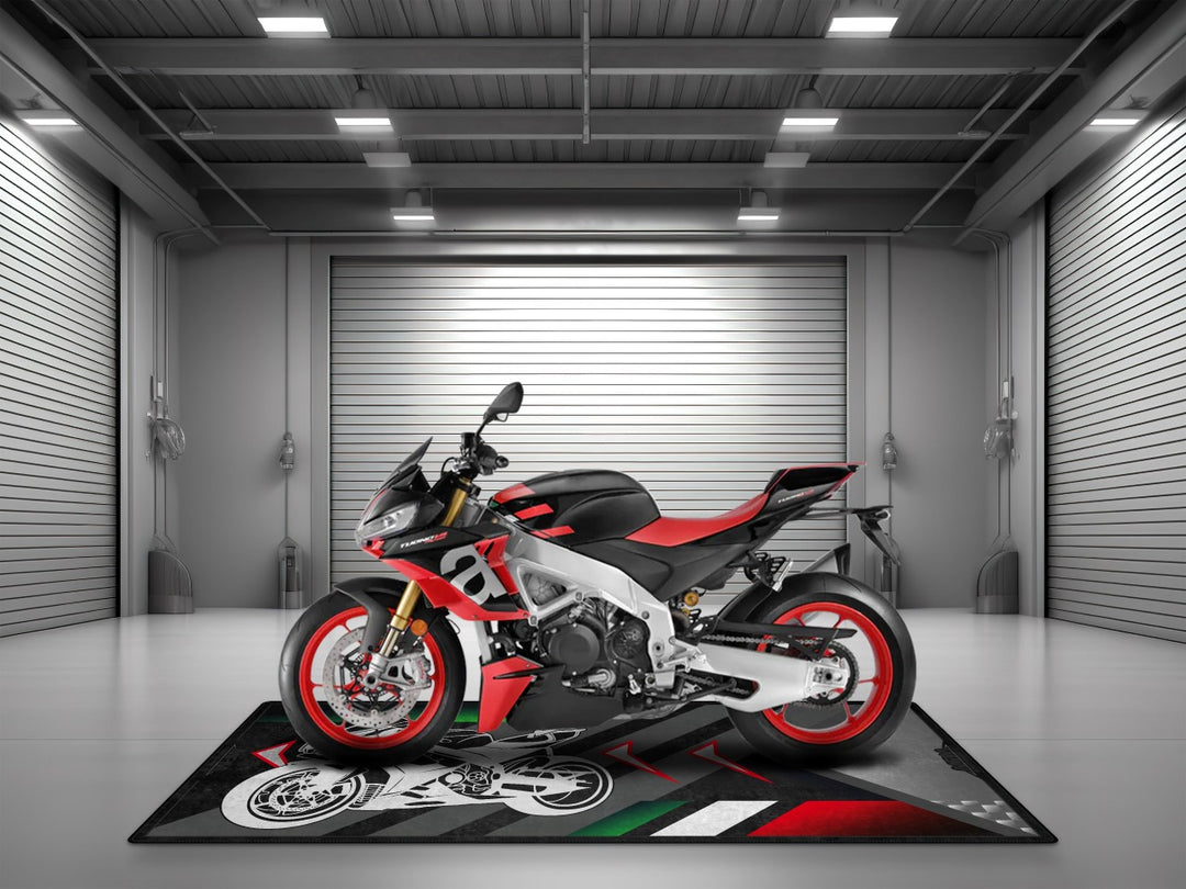 Custom garage mat for Aprilia RSV4 – personalized floor cover and unique gift for dual sport setup or racing enthusiast.