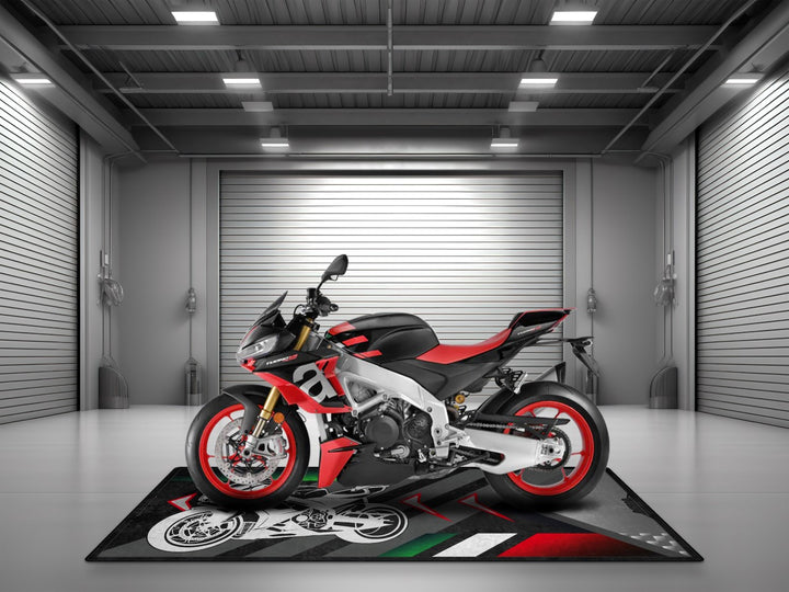 Custom garage mat for Aprilia RSV4 – personalized floor cover and unique gift for dual sport setup or racing enthusiast.