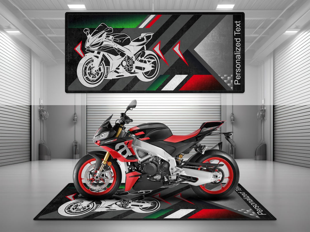 Personalized motorcycle display rug for Aprilia RSV4 – custom pit mat made of Thermoplastic Rubber, perfect for track prep.