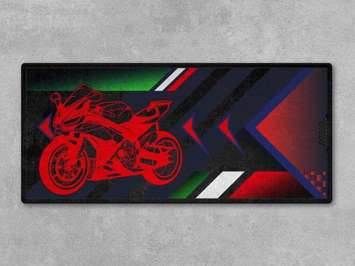 Custom motorcycle rug for Aprilia RSV4. Rider gift and garage carpet crafted for superbike fans seeking personalized parts mats and bold floor style.