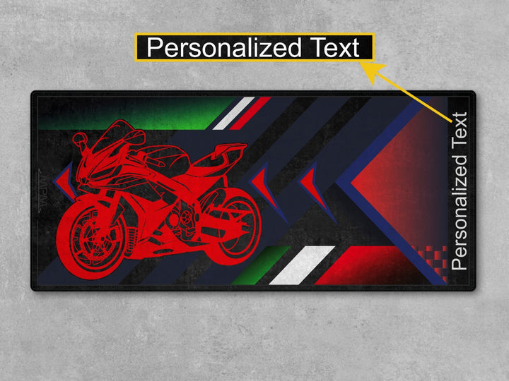 Personalized motorcycle display rug for Aprilia RSV4 – custom pit mat made of Thermoplastic Rubber, perfect for track prep.