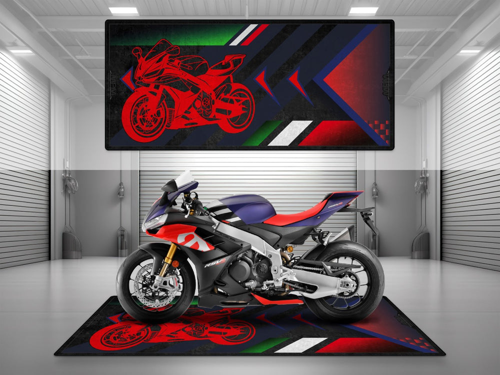 Aprilia RSV4 motorcycle rug. Heavy-duty garage carpet and parking pad made for superbike owners seeking parts protection and display-ready setups.