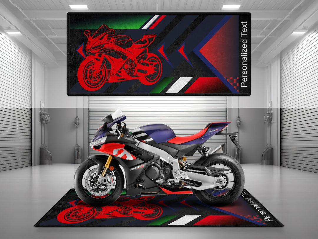 Personalized motorcycle display rug for Aprilia RSV4 – custom pit mat made of Thermoplastic Rubber, perfect for track prep.
