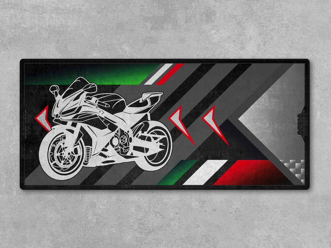 Personalized garage mat for Aprilia RSV4. Custom parts gift and floor cover designed to reflect your riding identity and garage presentation.