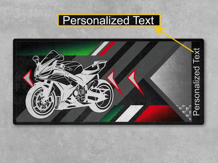 Custom garage mat for Aprilia RSV4 – personalized floor cover and unique gift for dual sport setup or racing enthusiast.