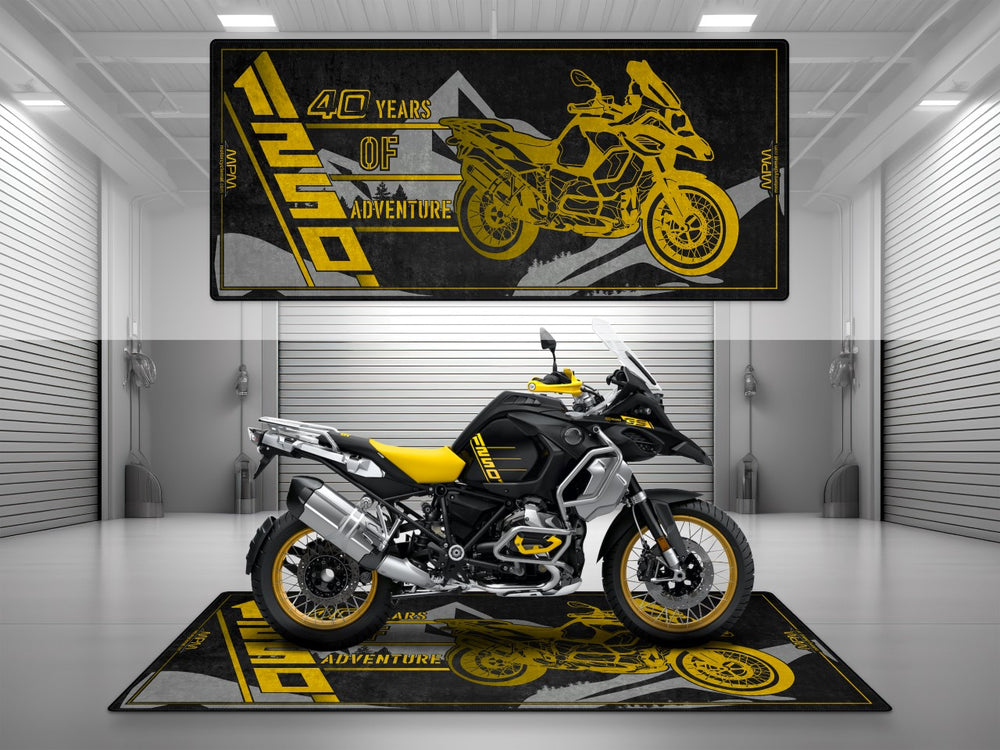BMW R1250GS 40th Anniversary garage mat and pit mat. Floor cover for bike zone setups, showroom use, and iconic superbike garage styling.