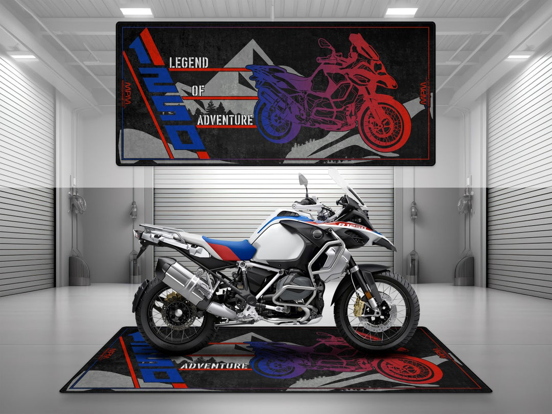 BMW R1250GS Rally garage mat and pit mat. Floor cover designed for adventure riders seeking bike zone order and showroom-style garage setups.