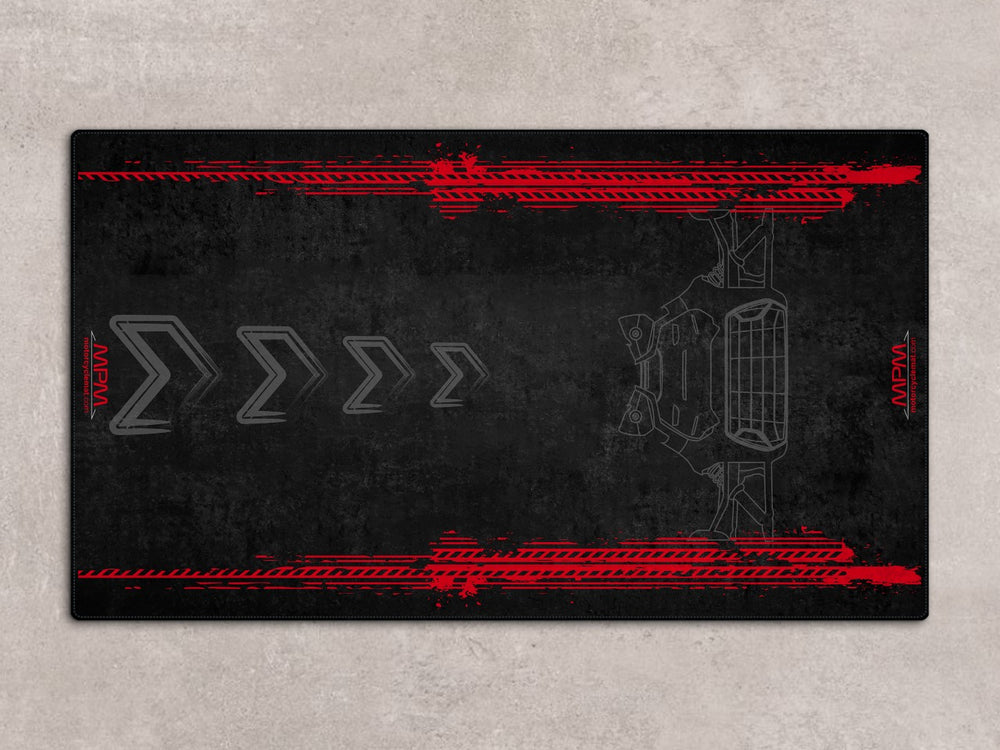 Parking mat and motorcycle rug for Ryker models. Designed as a versatile accessory for motorcycle display and track prep areas.