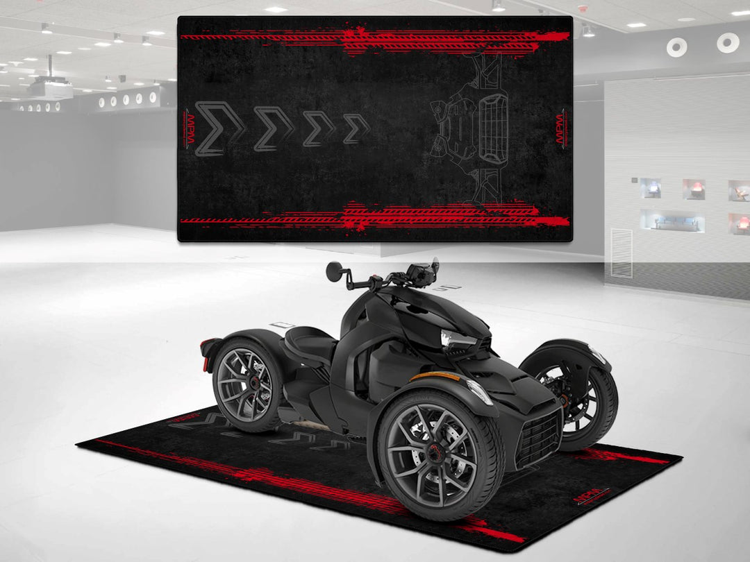 Can-Am Ryker pit mat and garage mat combo. A durable floor cover for your bike zone, showroom, or racetrack-inspired garage space.