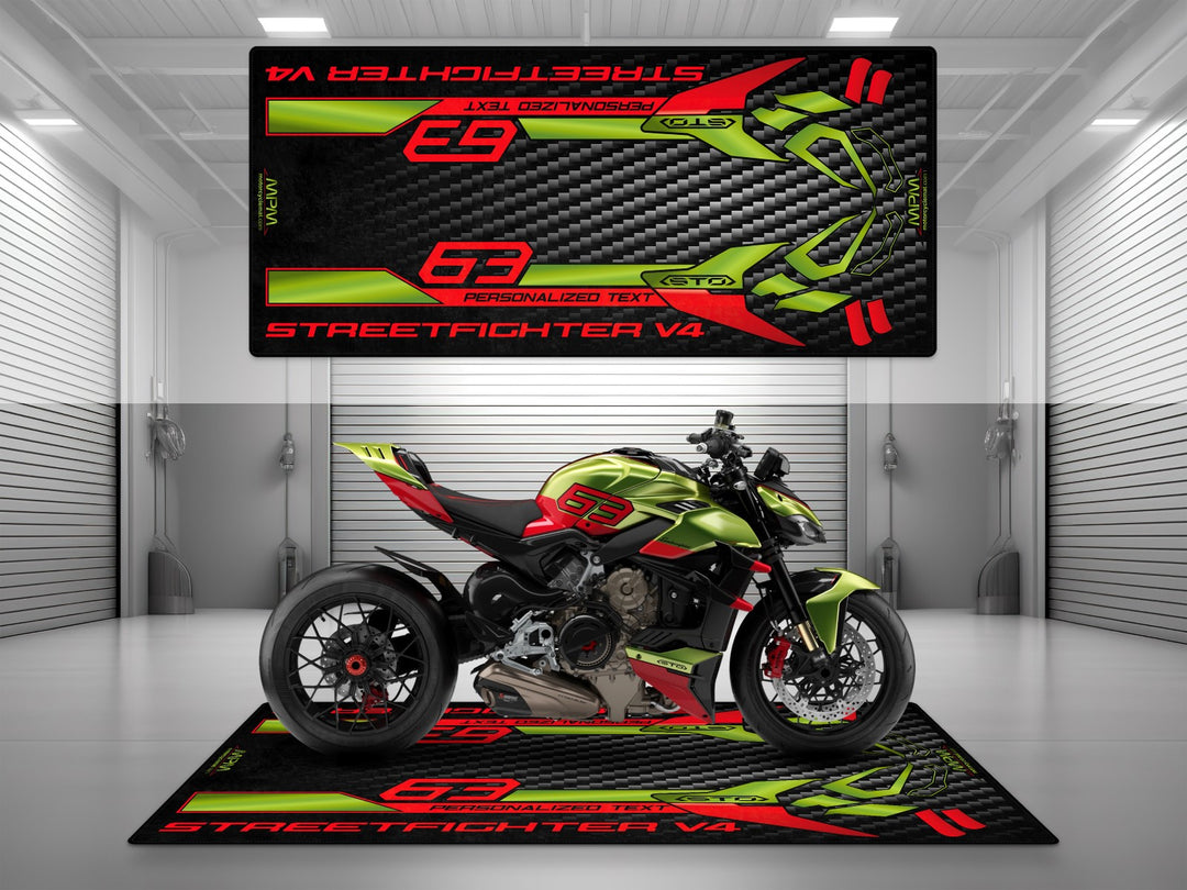Personalized motorcycle carpet for Streetfighter V4. A one-of-a-kind rider essentials gift that blends motorcycle gear with exotic performance.