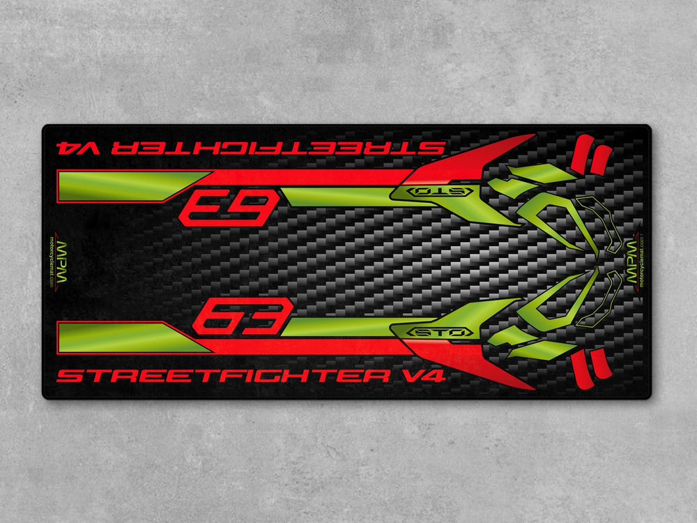 Parking mat for Ducati V4 Lamborghini Edition. Ideal for premium motorcycle display, bike zone organization, and luxury showroom layouts.