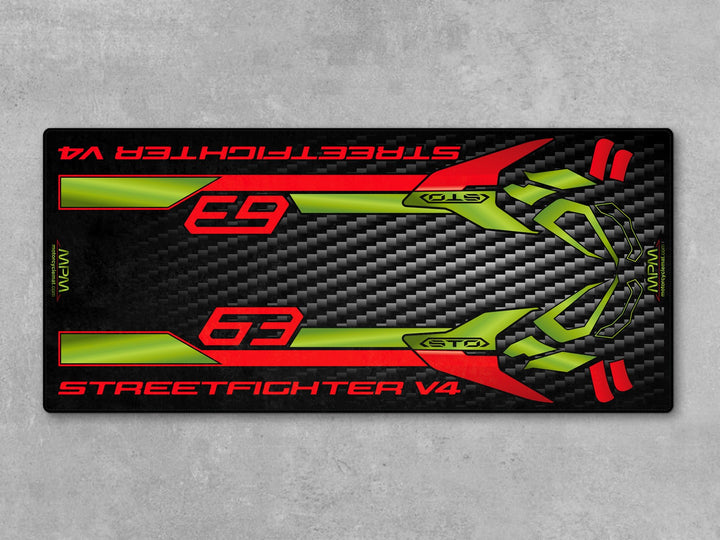 Parking mat for Ducati V4 Lamborghini Edition. Ideal for premium motorcycle display, bike zone organization, and luxury showroom layouts.