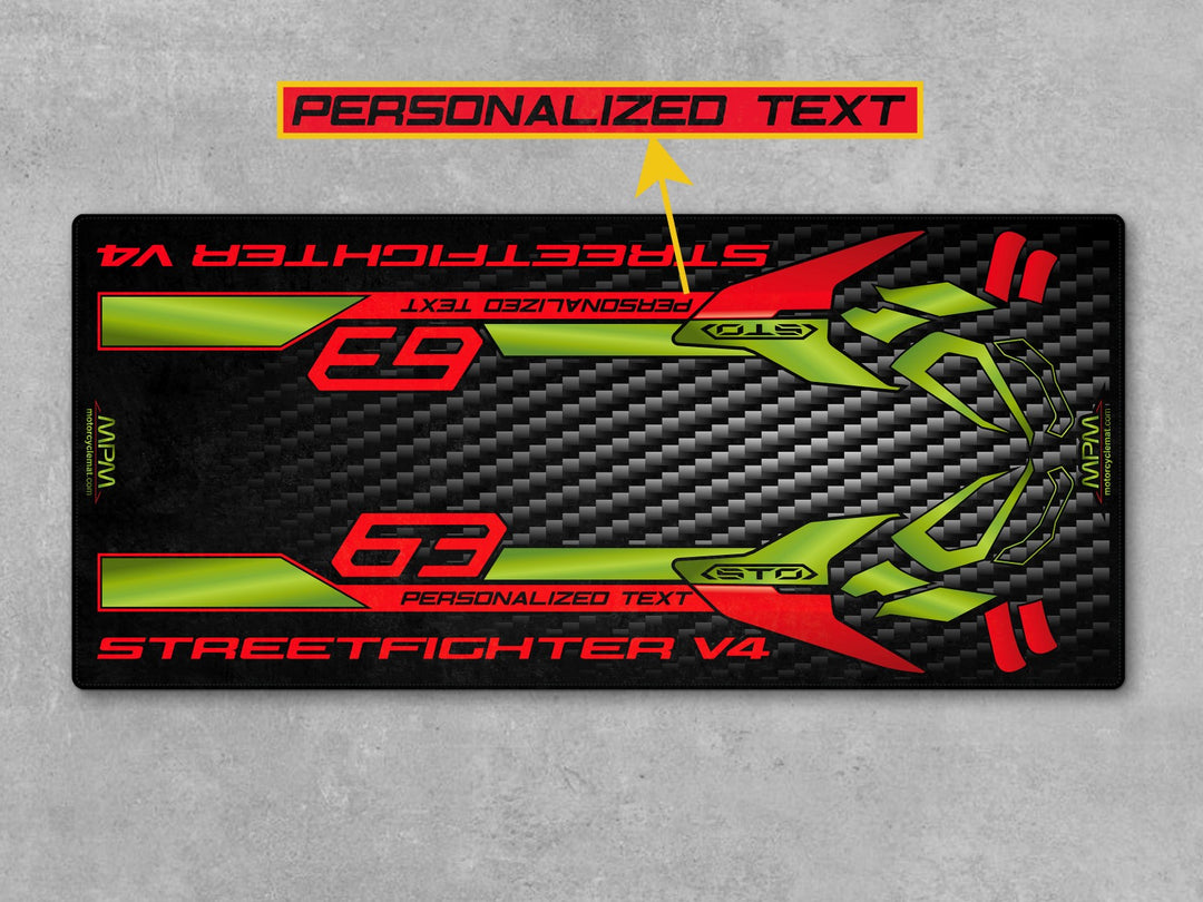 Custom pit rug for Ducati Lamborghini Edition. Made for dual sport setup, accessory layout, and track prep in high-impact garage zones