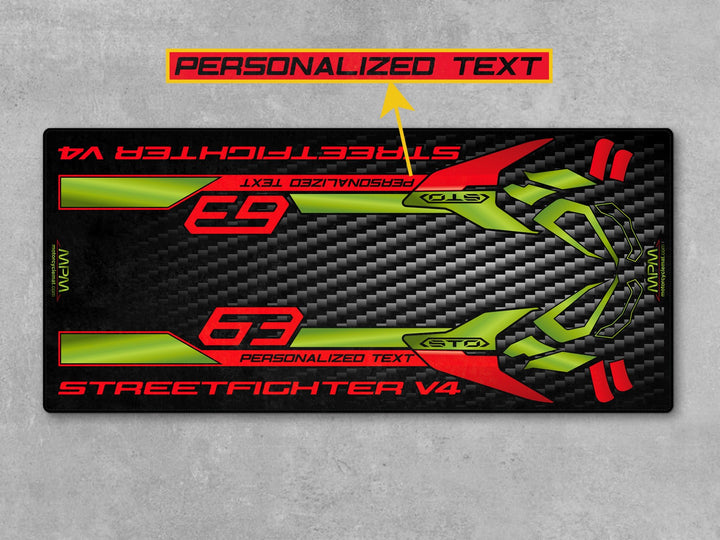 Custom pit rug for Ducati Lamborghini Edition. Made for dual sport setup, accessory layout, and track prep in high-impact garage zones