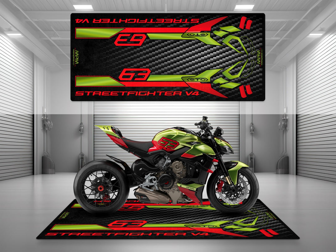 Streetfighter V4 garage mat and pit mat. An aggressive floor cover design fit for elite superbike garage setups and bold racetrack styling.