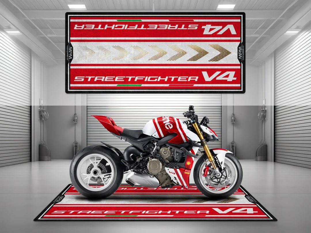 Floor cover for Ducati Streetfighter V4 Supreme. Designed for bold garage mat setups, motorcycle display zones, and race-ready parking mat functions.