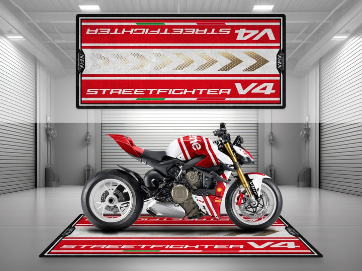 Floor cover for Ducati Streetfighter V4 Supreme. Designed for bold garage mat setups, motorcycle display zones, and race-ready parking mat functions.