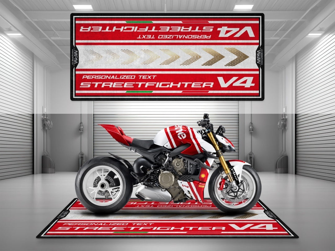 Custom motorcycle carpet for Ducati Streetfighter V4 Supreme. An ideal gift and garage upgrade for riders who love personalized motorcycle gear and parts layout.