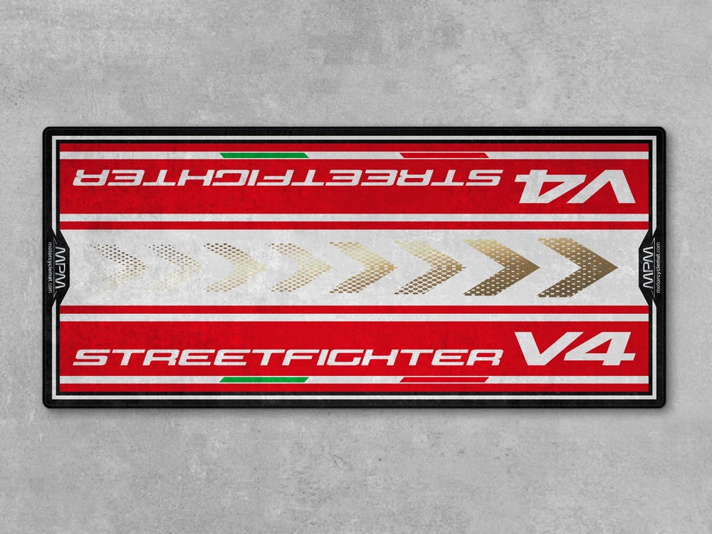 Pit mat and showroom rug for Streetfighter V4 Supreme. A premium accessory for bike zone styling, racetrack vibes, and rider essentials organization.
