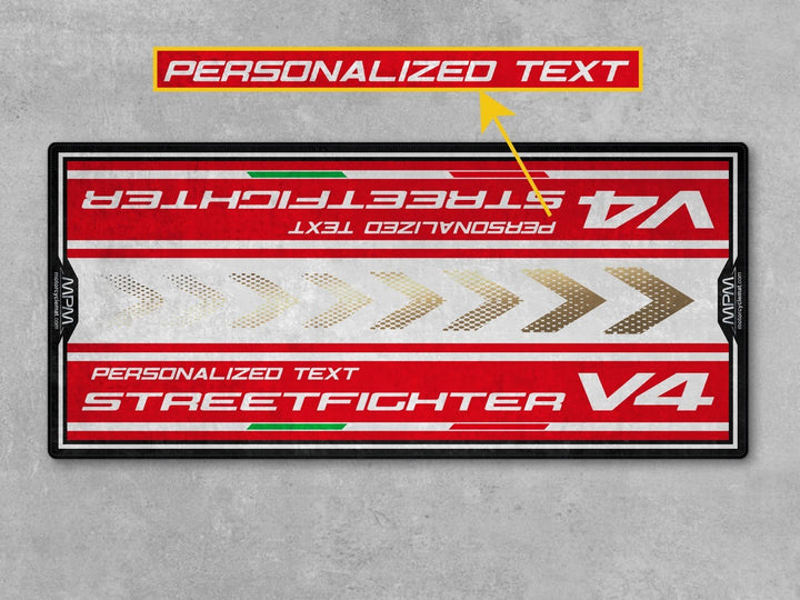Personalized pit rug for Streetfighter V4 Supreme. Crafted for dual sport setup, track prep tasks, and high-performance superbike garage decor.