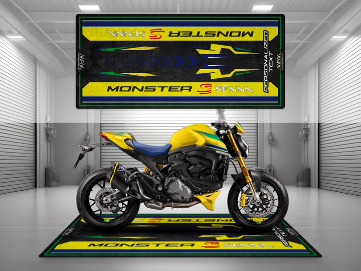 Custom pit rug for Monster Senna—ideal for rider essentials, dual sport setup, and showcasing premium motorcycle gear with flair.