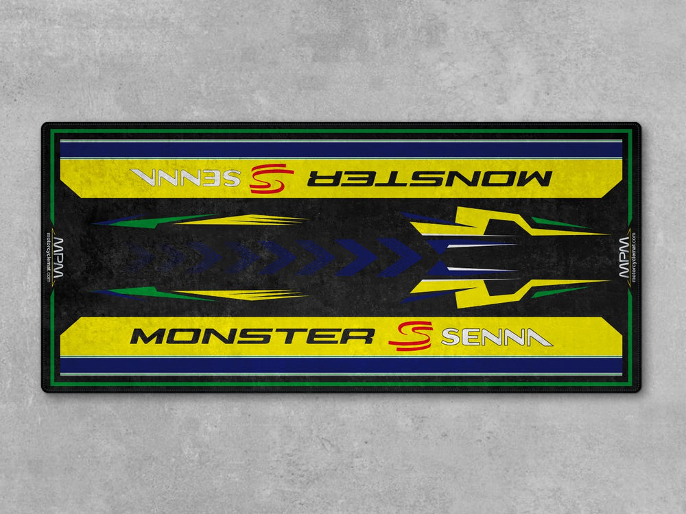 Monster Senna parking mat and showroom carpet. An eye-catching accessory for any racetrack-inspired setup or superbike garage environment.