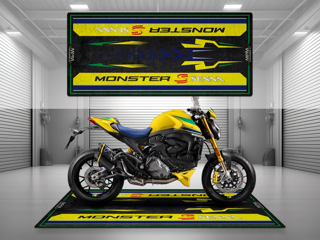 Garage mat and pit mat designed for Ducati Monster Senna. A bold floor cover made for unique motorcycle display and vibrant bike zone styling.