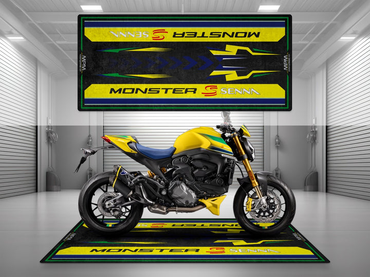 Garage mat and pit mat designed for Ducati Monster Senna. A bold floor cover made for unique motorcycle display and vibrant bike zone styling.