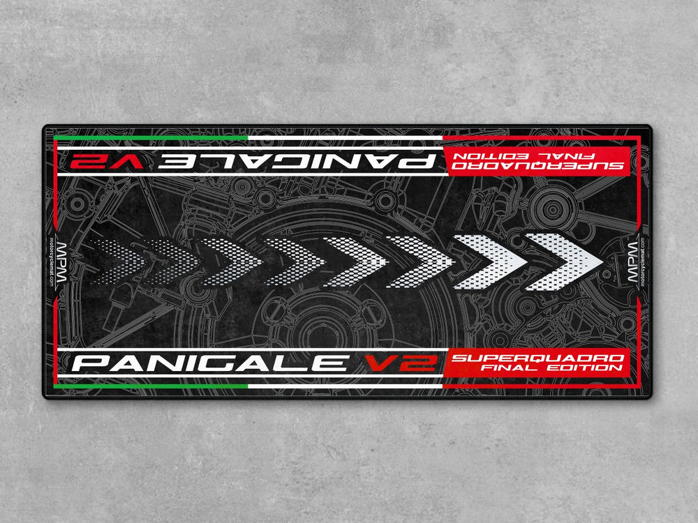 Motorcycle rug and parking mat for Ducati V2 Superquadro. Built for high-performance motorcycle display, track prep, and organized bike zones.