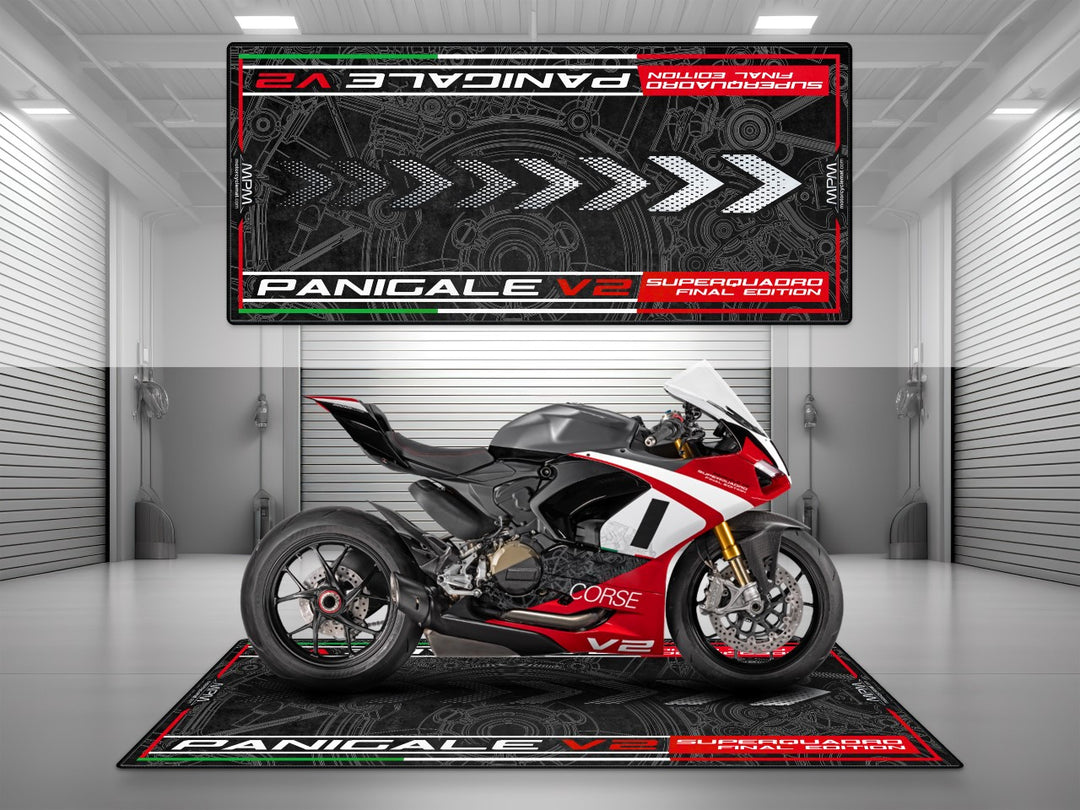 Panigale V2 garage mat and pit mat. A bold floor cover designed for superbike garage styling, racetrack vibes, and elite showroom display.